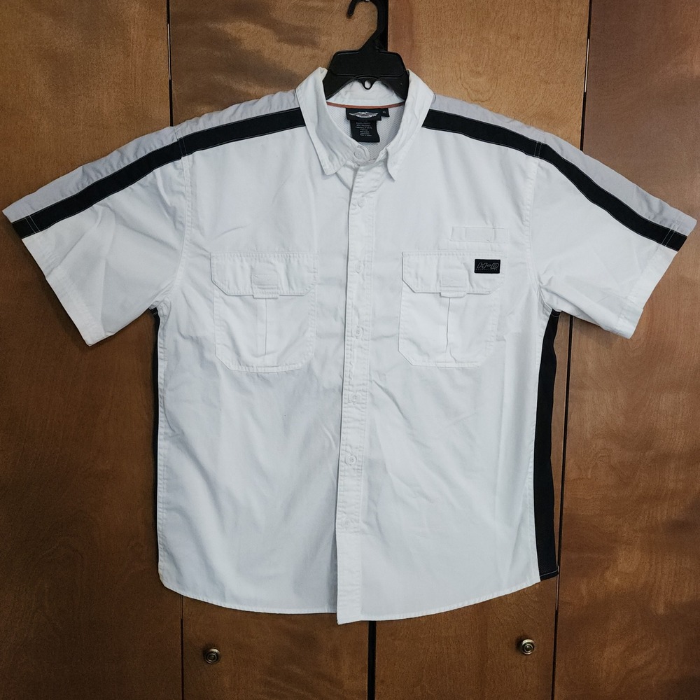 D78 Harley-Davidson Men XL White Black SS Button Up Racing Shirt Mesh Lined